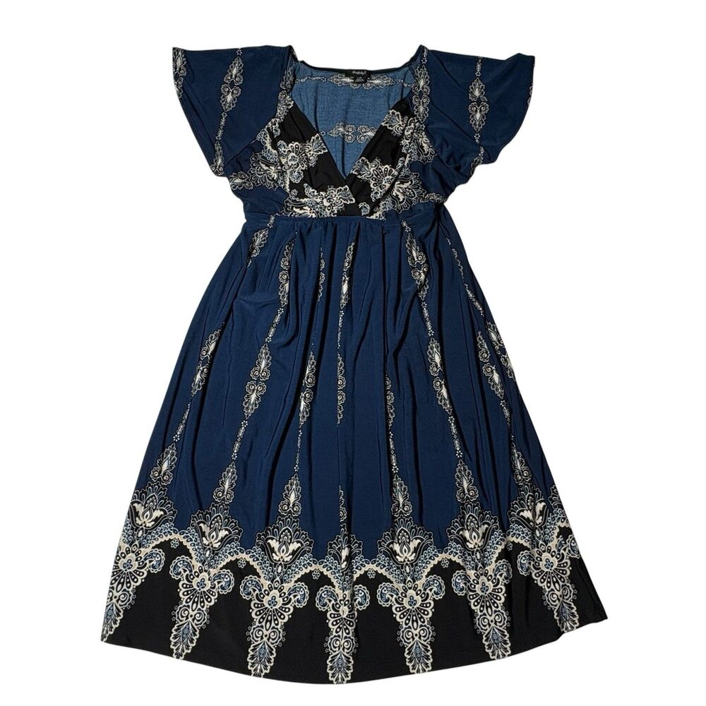 Rhapsody Women’s Dress Large Blue Black Paisley Flutter Sleeve Empire Waist Midi